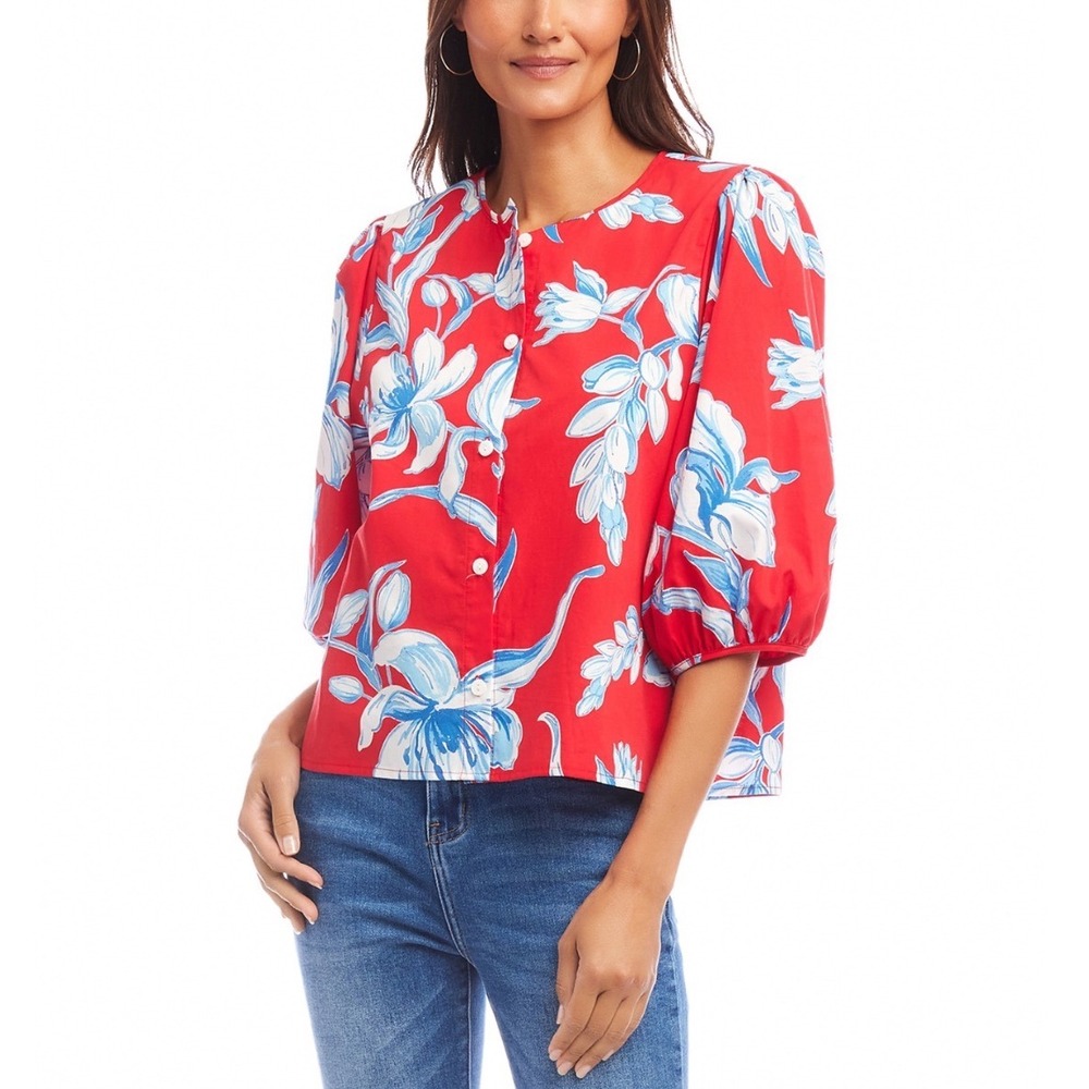 Karen Kane In The Spirit Puff Sleeve Button Front Floral Shirt Red Size Medium